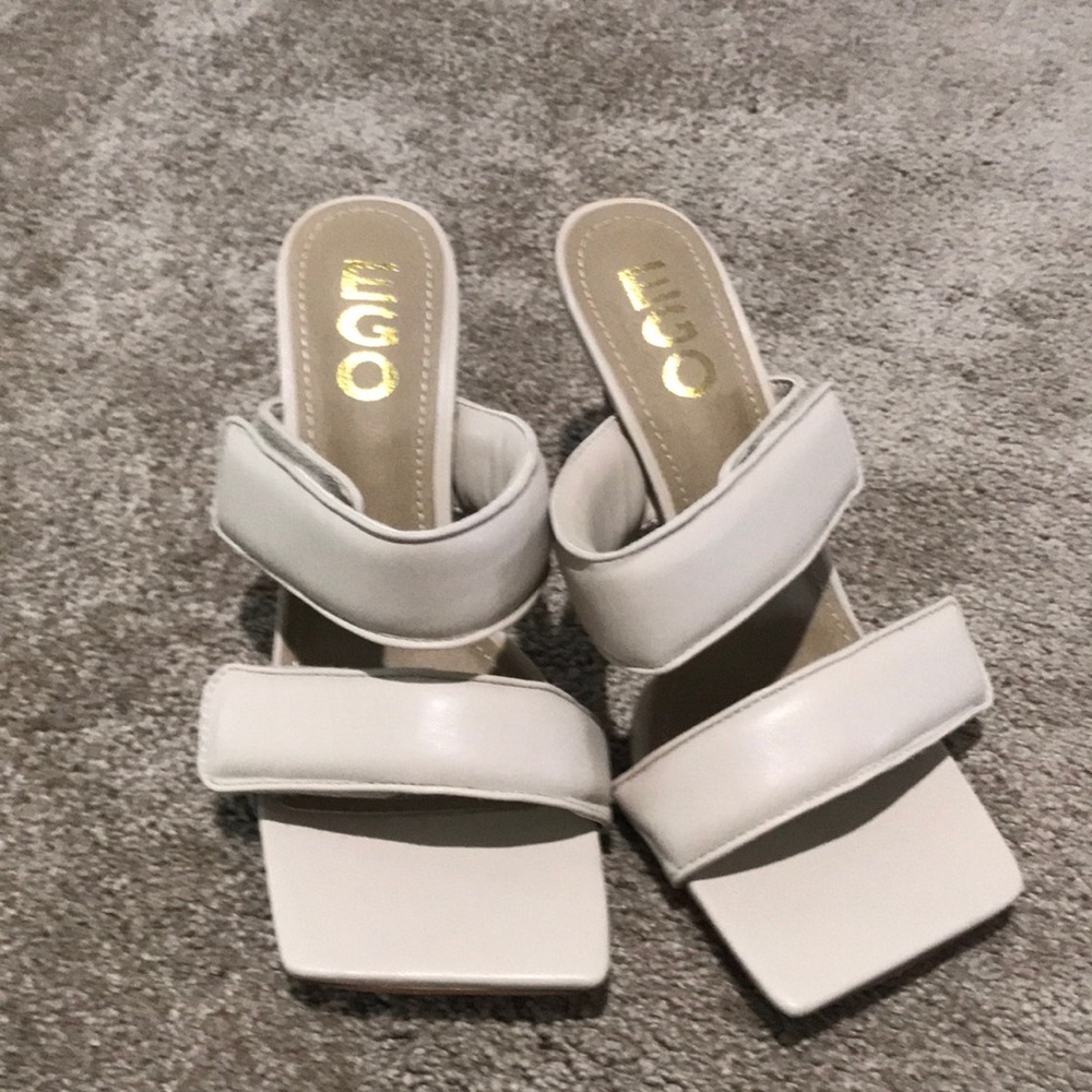 Ego Thought-So Padded Strap Square Toe Heel Mule In Beige Nude Faux Leather